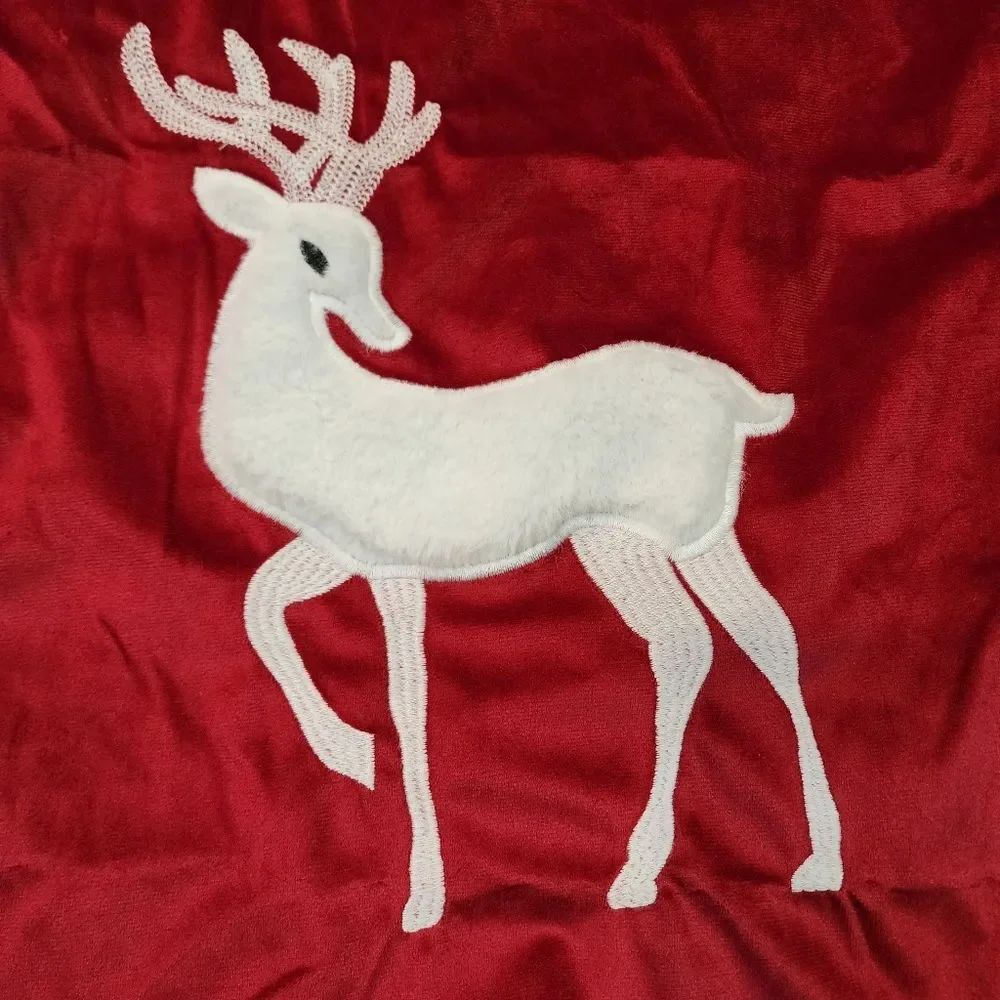 Royal Red Christmas Throw Pillow Cover with White Faux Fur Embroidered Reindeer